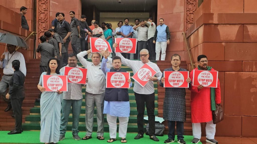 SIR: ‘ভোট চুরি’ বন্ধের দাবিতে সংসদ চত্বরে বিক্ষোভ তৃণমূলের