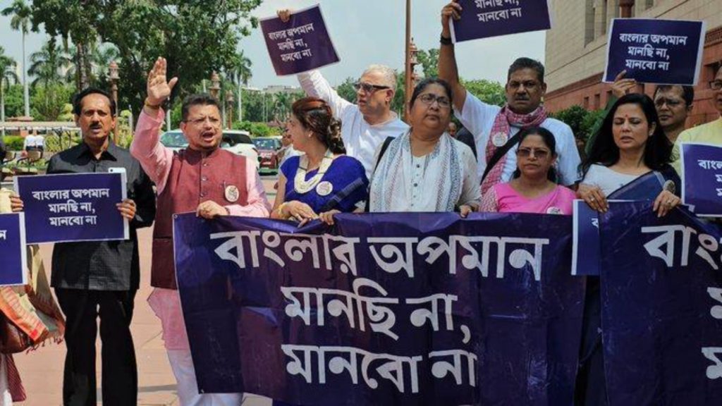 বাঙালি হেনস্থা: সংসদ চত্বরে রবি ঠাকুরের গান গেয়ে বিক্ষোভ প্রদর্শন তৃণমূল সাংসদদের