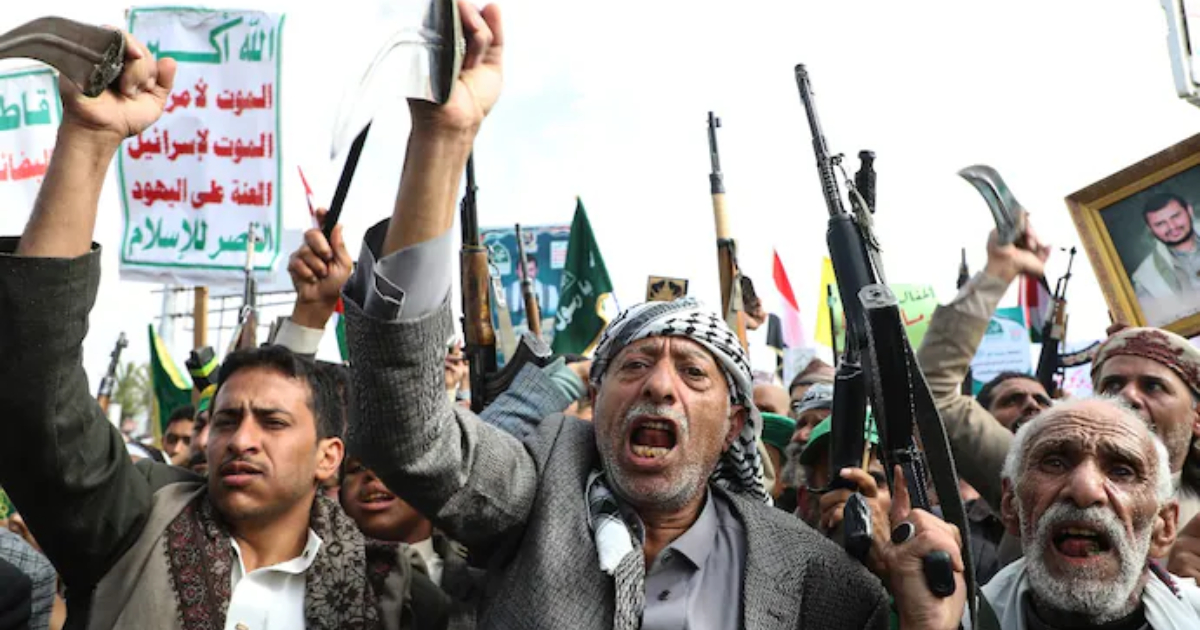 Houthi supporters chant slogans during a weekly anti-Israel rally in Sanaa.AP photo