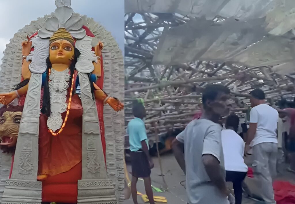 চন্দননগরে জগদ্ধাত্রী পুজোয় বড়সড় দুর্ঘটনা, ভেঙে পড়ল ৭৫ ফুটের প্রতিমা, আহত ৭