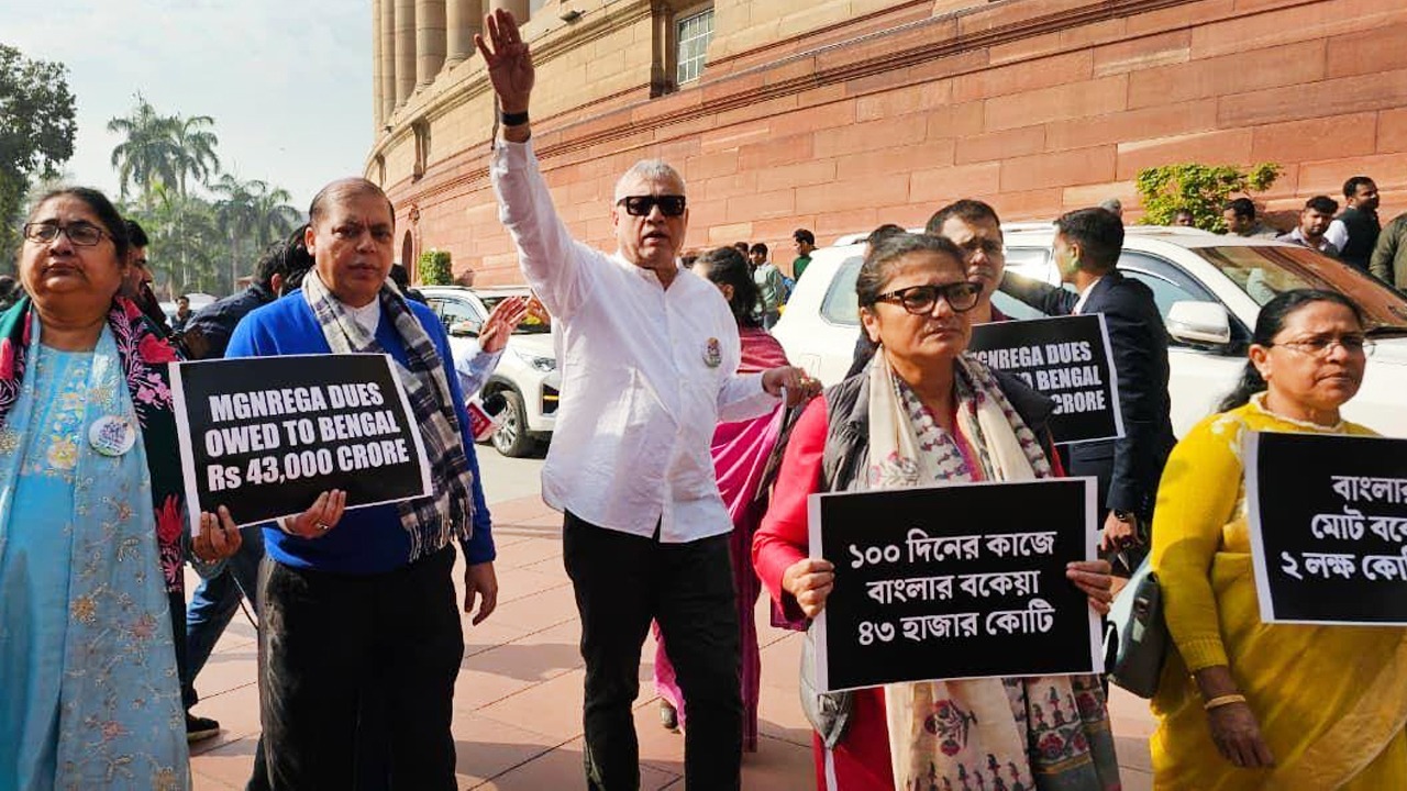 বাংলার বকেয়ার দাবিতে বিজয় চক থেকে মকরদ্বার পর্যন্ত মিছিল তৃণমূল সাংসদদের